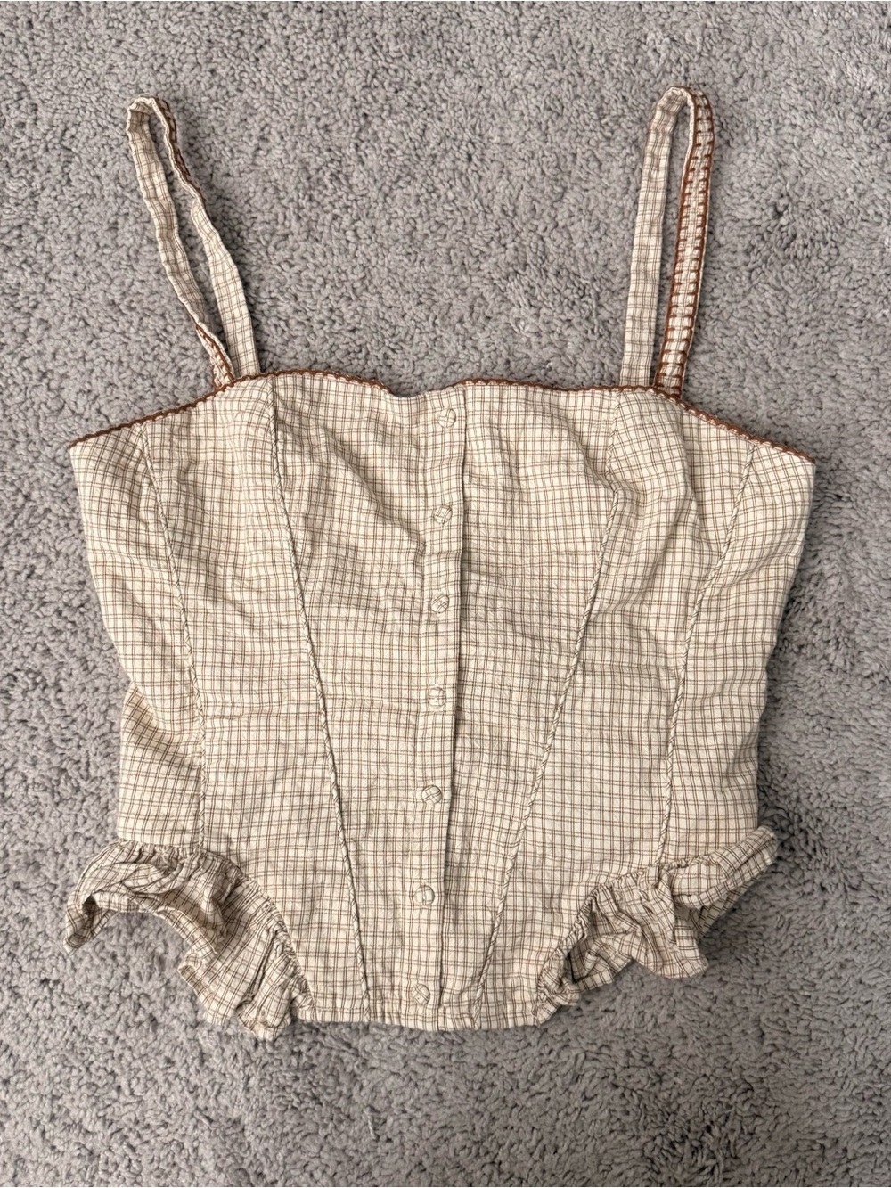 Zara Beige Checked Button-Front Bustier Camisole with Brown Trim